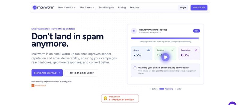Mailwarm homepage with the headline Do not land in spam anymore, a warming process panel showing opens, replies and reputation, and Start Email Warmup and Talk to an Email Expert buttons.