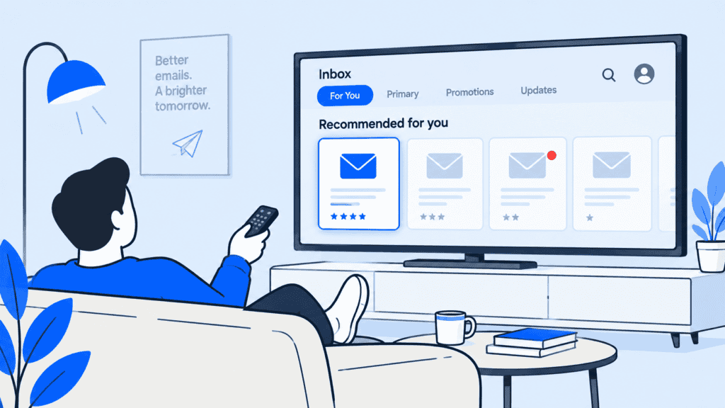 Illustration of a person on a sofa pointing a remote at a TV whose screen shows an inbox with a "Recommended for you" row of email tiles, the first highlighted and rated five stars