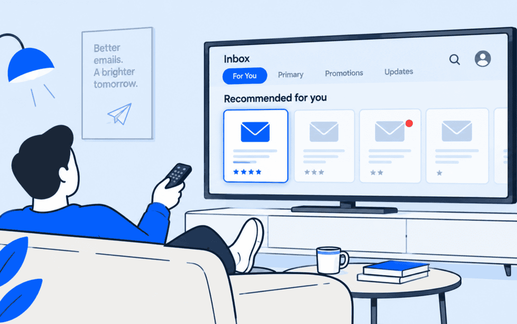 Illustration of a person on a sofa pointing a remote at a TV whose screen shows an inbox with a "Recommended for you" row of email tiles, the first highlighted and rated five stars