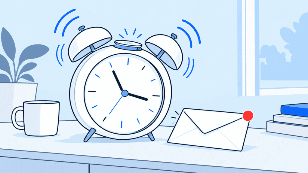 Alarm clock ringing on a desk beside an unopened email with a red notification dot