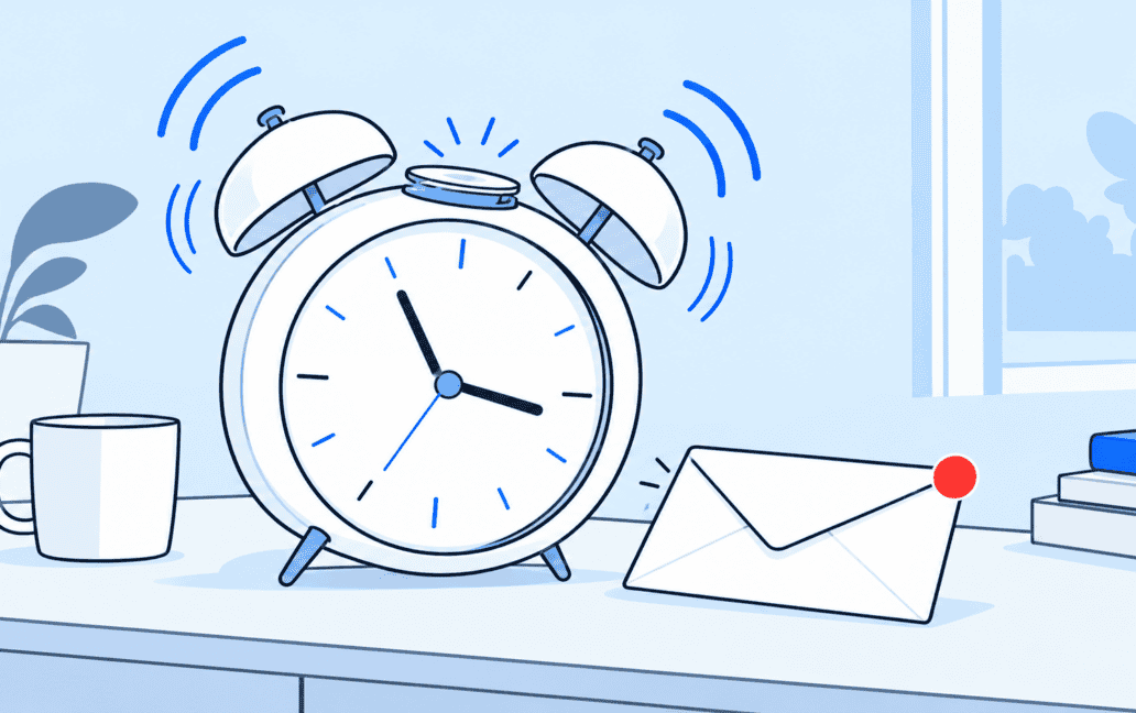 Alarm clock ringing on a desk beside an unopened email with a red notification dot