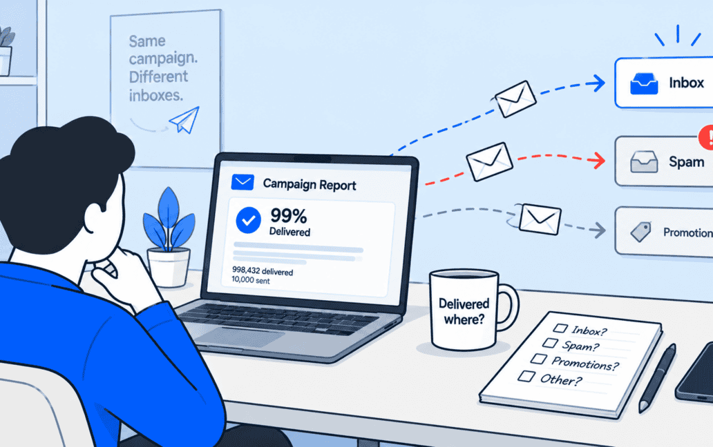 Illustration: a marketer looks at a campaign report showing 99% delivered while envelopes from the same campaign branch off to Inbox, Spam and Promotions; a mug reads "Delivered where?" and a notepad lists Inbox? Spam? Promotions? Other?