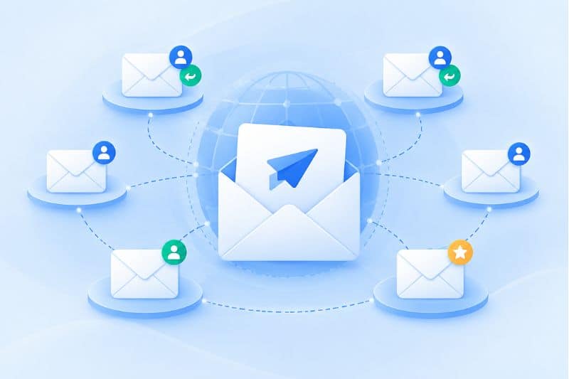 Illustration of six envelopes on circular pedestals linked by dashed lines in a ring around a central envelope and globe, each outer envelope badged with a person, a reply arrow or a star.