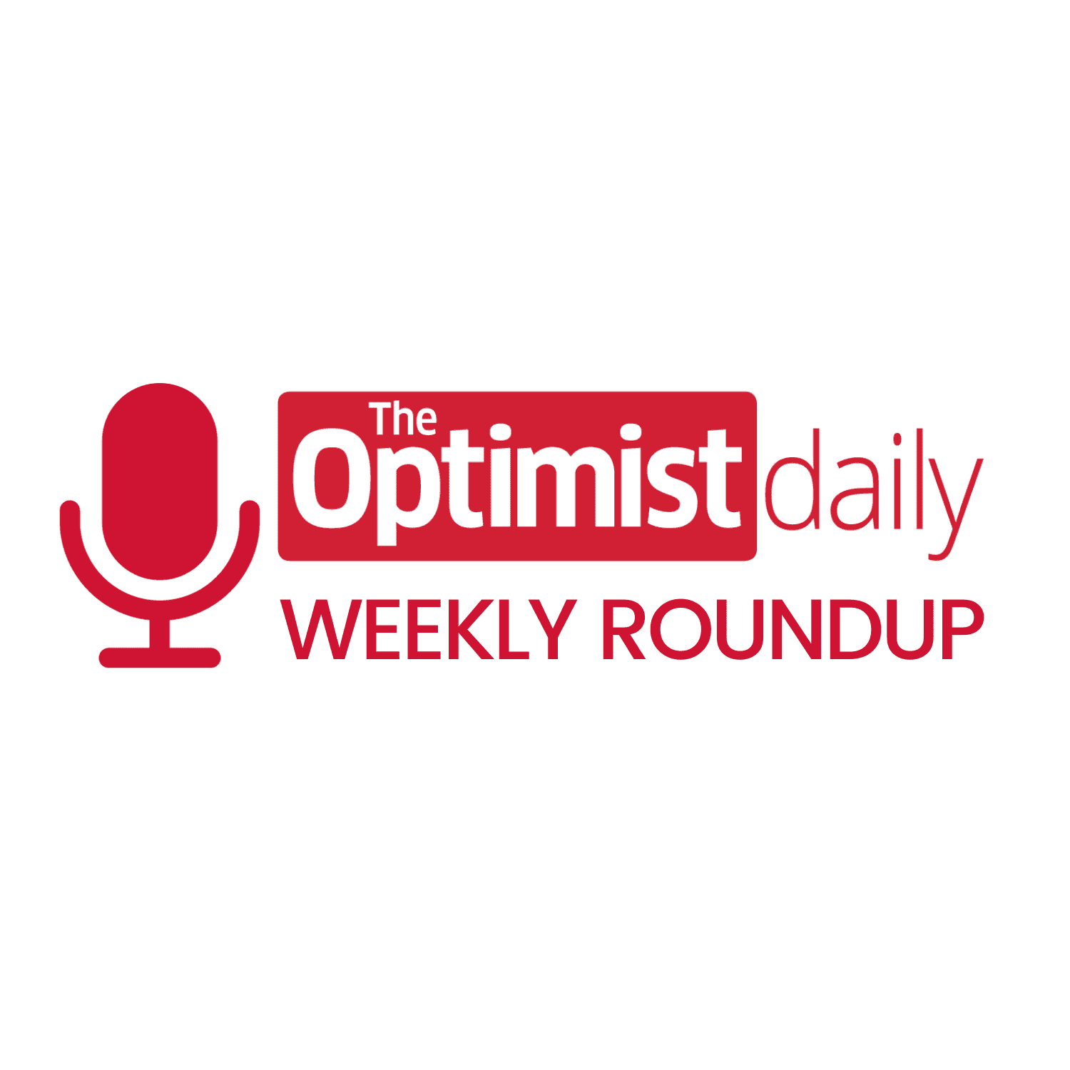Brand logo for The Optimist Daily Weekly Roundup featuring a red microphone icon and bold white text on red background.