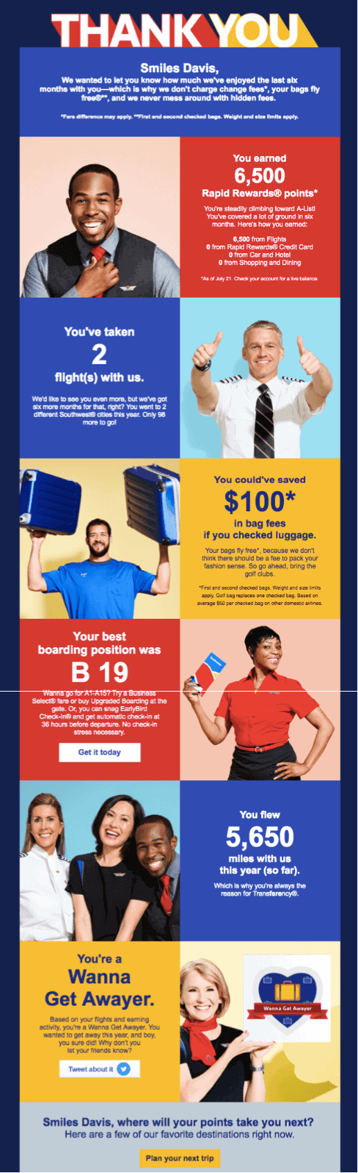 Southwest Airlines thank you message example from Really Good Emails.