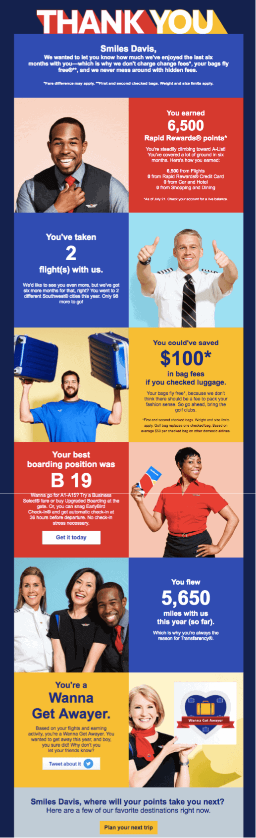 Southwest Airlines thank you message example from Really Good Emails. 