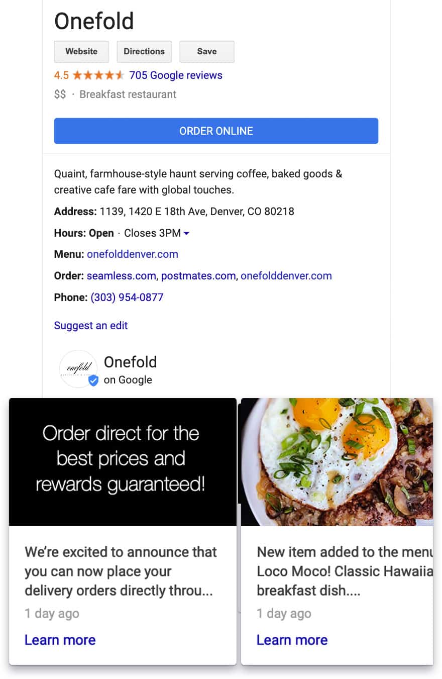 Google business posts for restaurants advertising direct online ordering