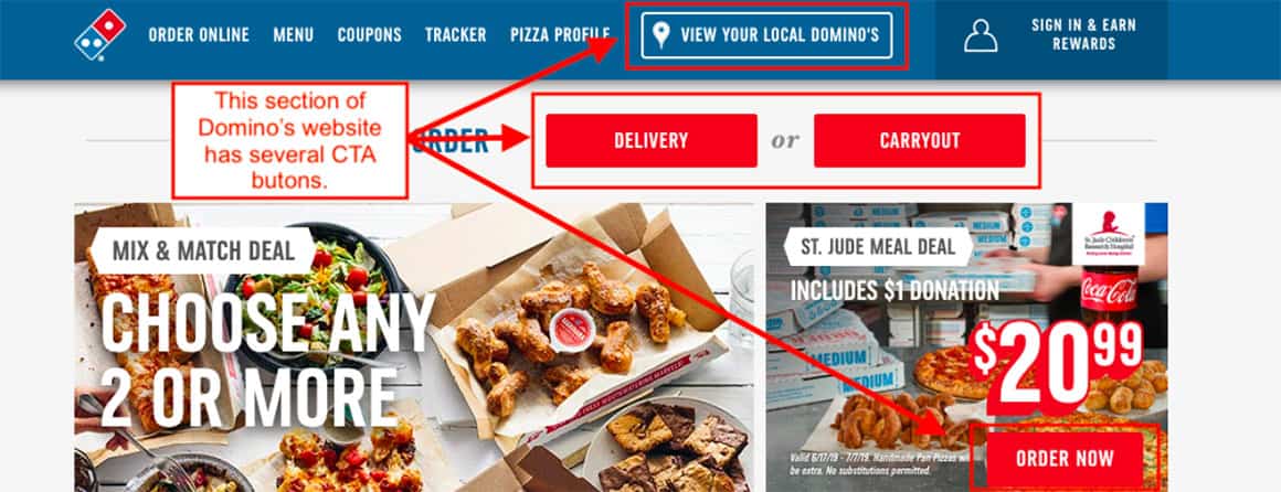 CTA button examples from Domino's website