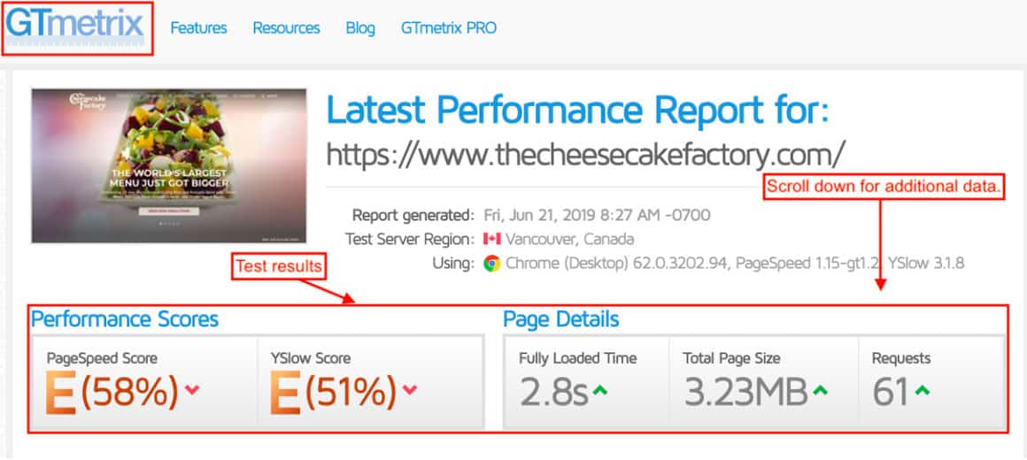 GTmetrix site performance Cheesecake Factory