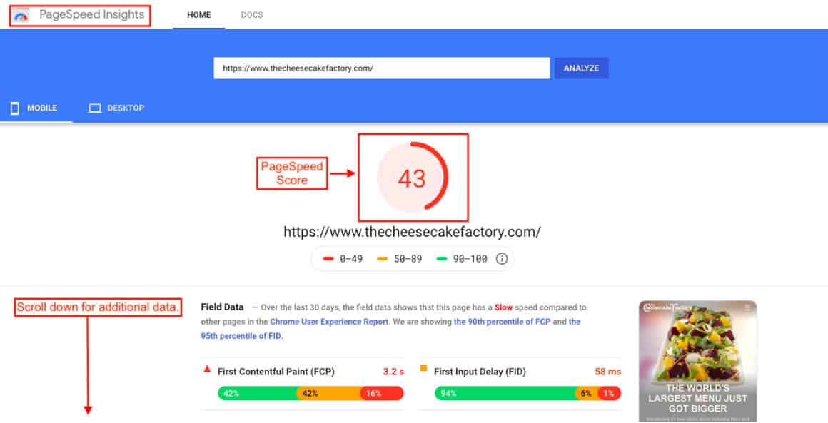 PageSpeed Insights for Cheesecake Factory