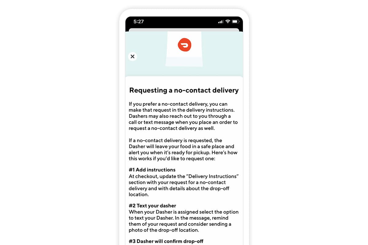 DoorDash app showing contactless delivery instructions.