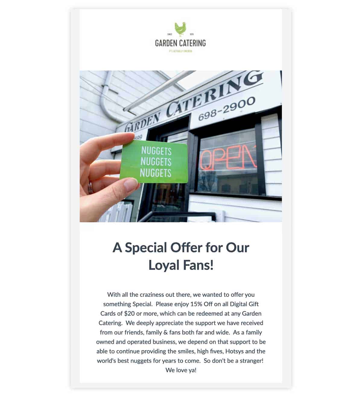 Garden Catering gift card email promotion.