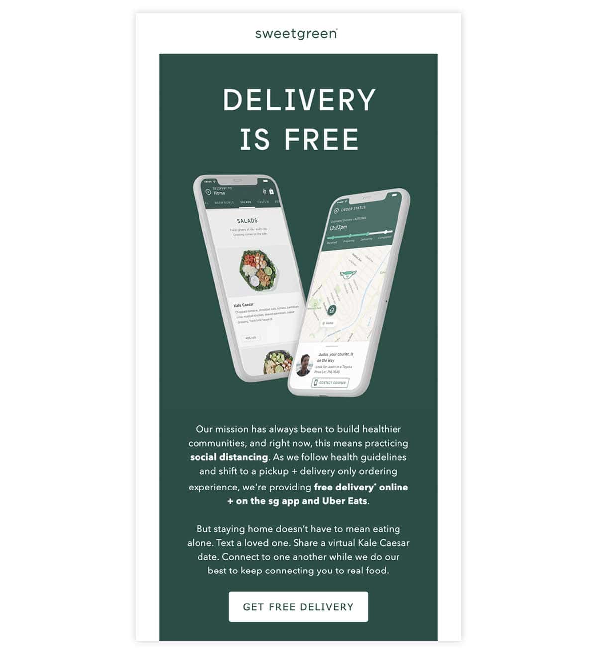 sweetgreen email promoting free delivery.