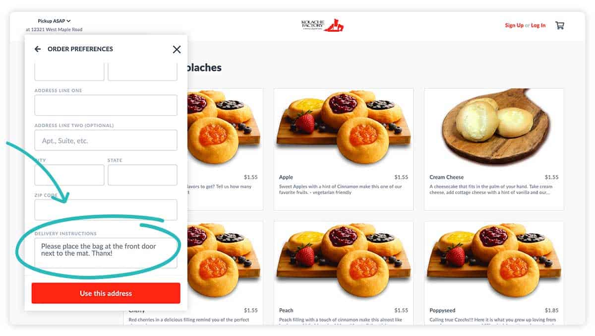 Kolache Factory web ordering with emphasis on delivery instructions.