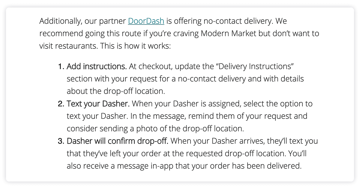 Modern Market email with instructions for contactless delivery via DoorDash.