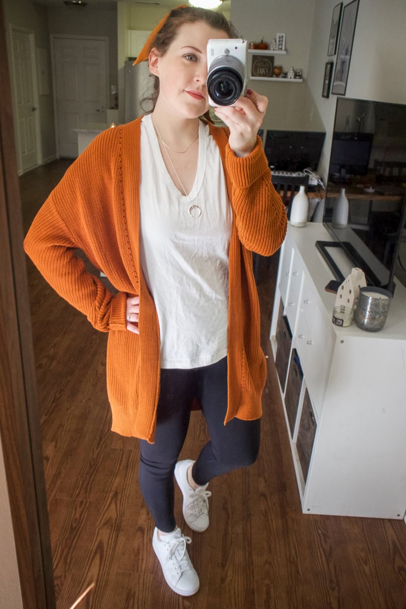 orange cardigan outfit