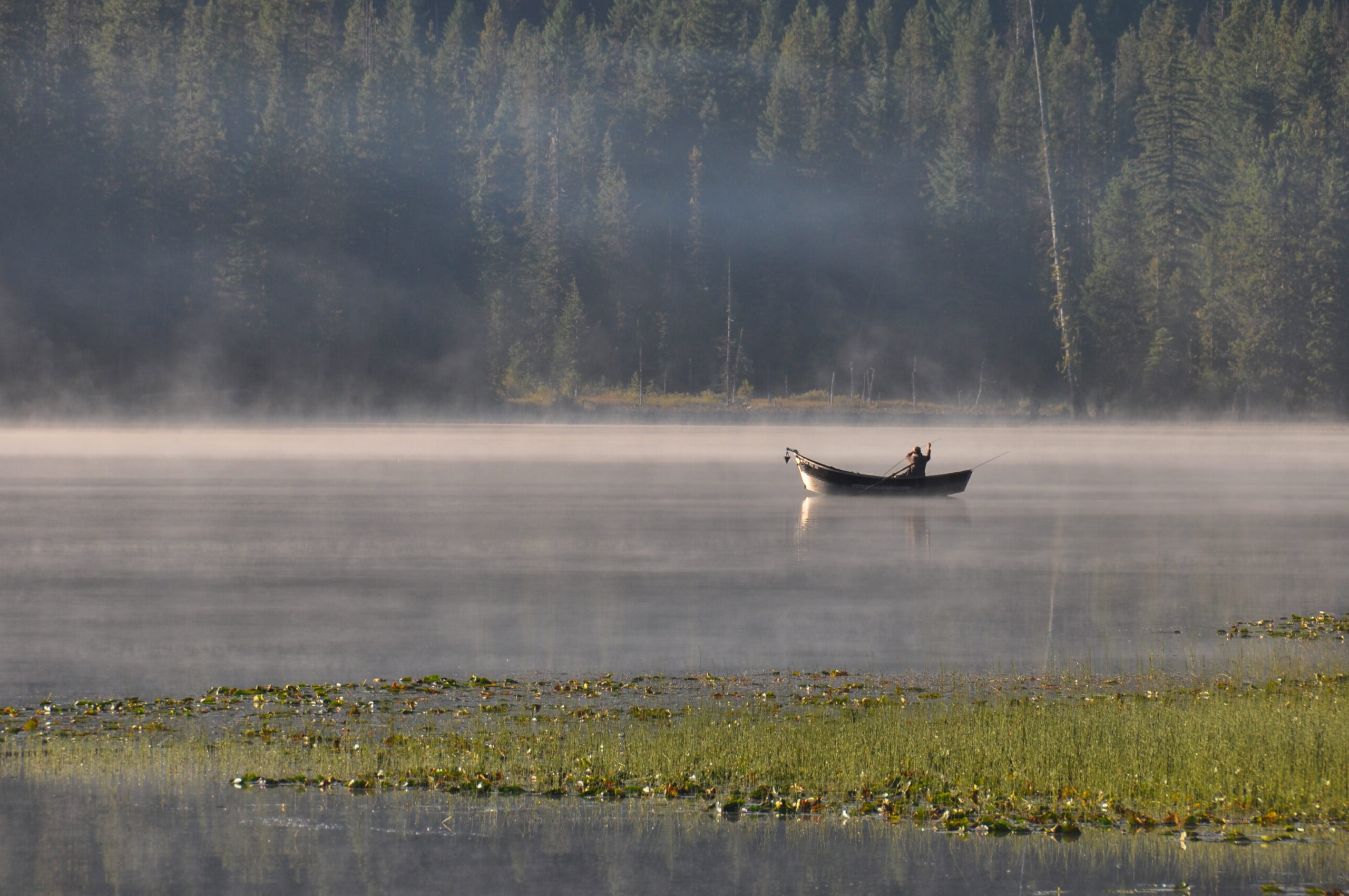 Pêcheur sur un lac, ambiante calme