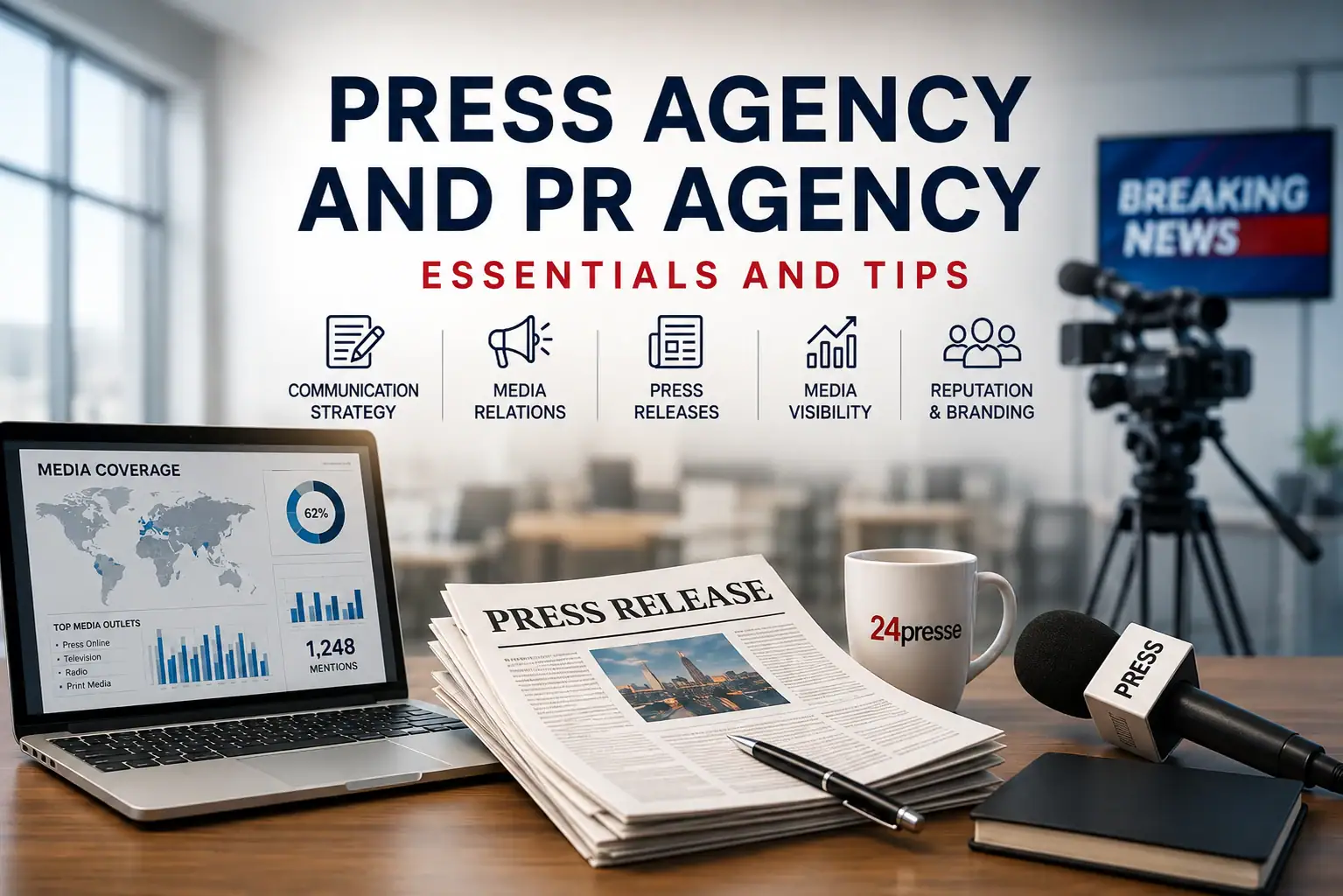 Public relations professionals planning a media strategy, reviewing evidence and preparing outreach to journalists