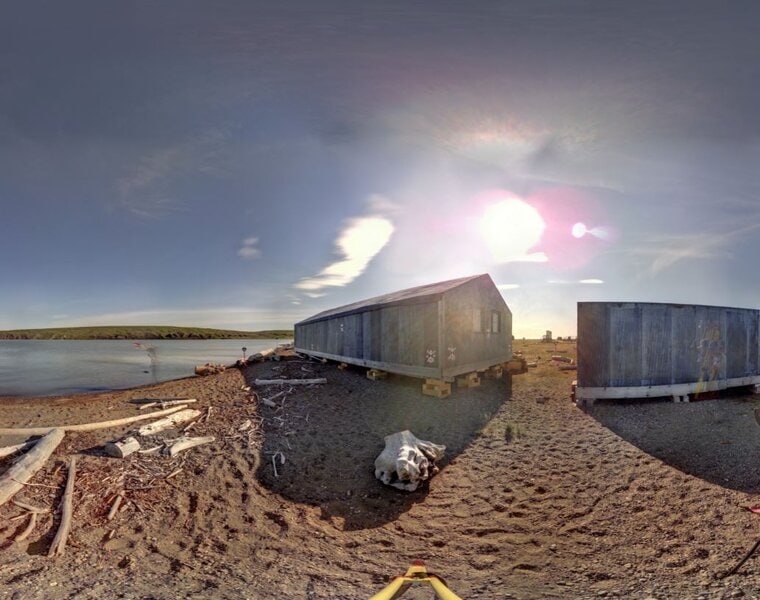 Panosphere image taken during the scanning of the Northern Whaling and Trading Company Store and Warehouse, showing the proximity of the structure to the encroaching shorelines. Photo source: Capture2Preserv project
