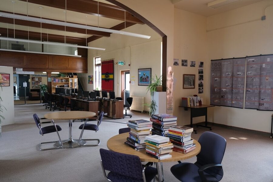 UnBQ library, formerly the Blue Quills IRS chapel. Taken during digital documentation, August 2021. From Zoe Cascadden.