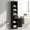 tall bathroom cabinet with black finish and freestanding storage shelves