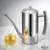 “ECHELYON stainless steel oil pot with silicone spout cover displayed on a dark charcoal background, showing drip‑free spout, dust‑proof lid, and freshness‑sealing design.
