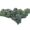 Trainwreck strain cannabis flower with light green hues and trichomes, featuring a pine and citrus aroma.