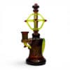 Huffy x Griffin Banger Hanger dab rig with amber worked glass, neon yellow accents, and red details.