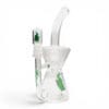 Medicali Turbine Hourglass Dab Rig with clear glass hourglass chamber, curved mouthpiece, green logo accents, and flame logo.