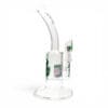 Angled front view of Medicali Honeycomb Dish Dab Rig with green flame logo, clear glass body, and curved mouthpiece.