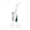 Rear view of Medicali Honeycomb Dish Dab Rig with clear glass body, curved neck, green logo, and concentrate attachment.