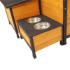 dog house with built in feeding bowls and storage shelves