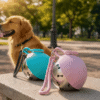 Premium pet travel water bottles in pastel pink and teal resting on a stone bench in a sunlit park, with a relaxed golden retriever in the background.