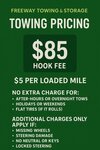 Freeway Towing & Storage pricing chart showing $85 hook fee and $5 per loaded mile in Scottsdale AZ