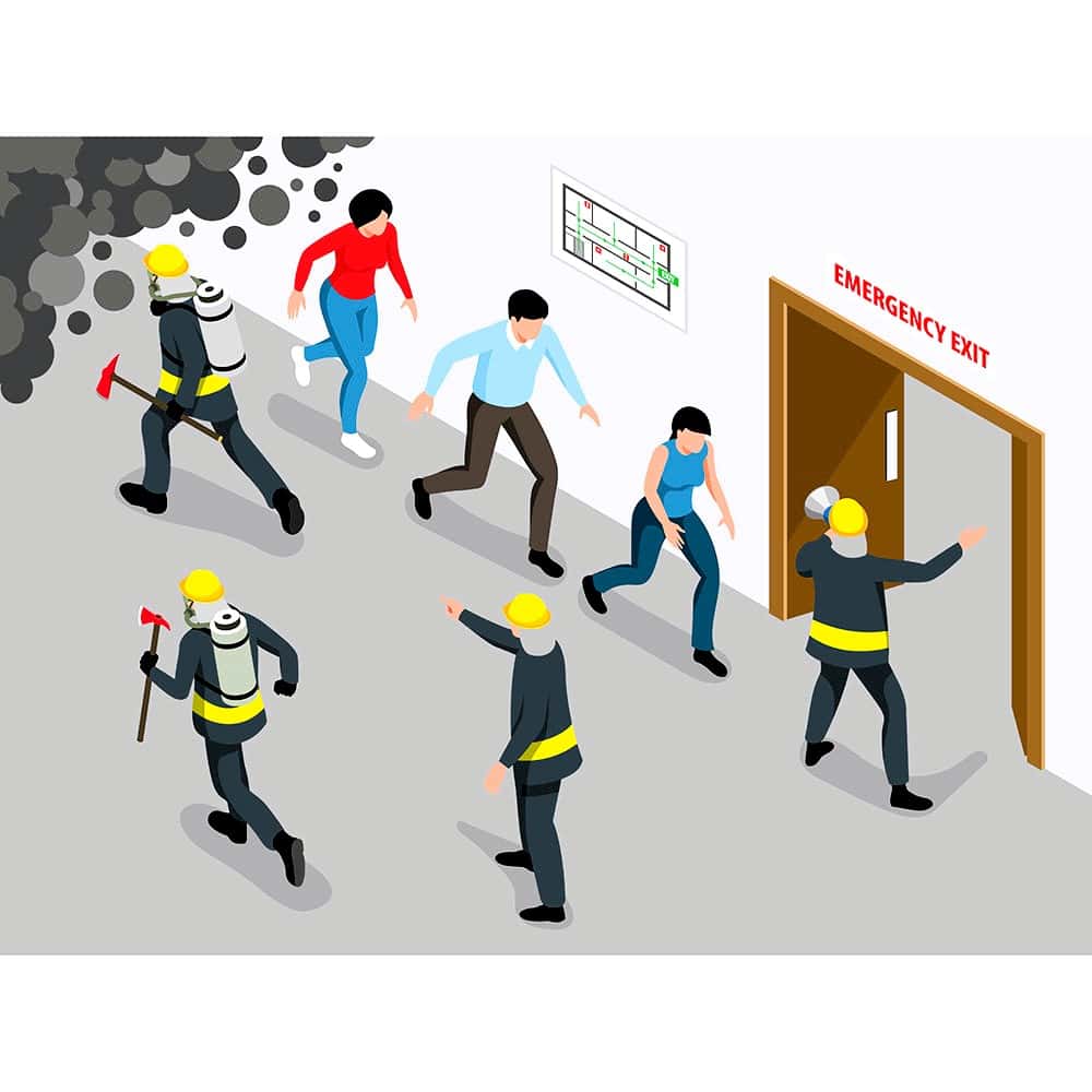 An isometric illustration shows people in an emergency being guided by fire fighters toward an open door labeled "Emergency Exit," with smoke visible nearby.