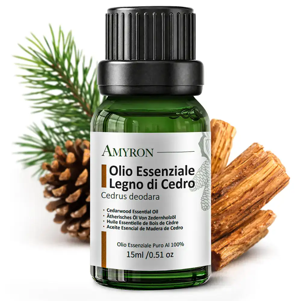 Olio essenziale di Legno di Cedro AMYRON da 15 ml con pigna, ramo verde e legno aromatico di Cedrus deodara