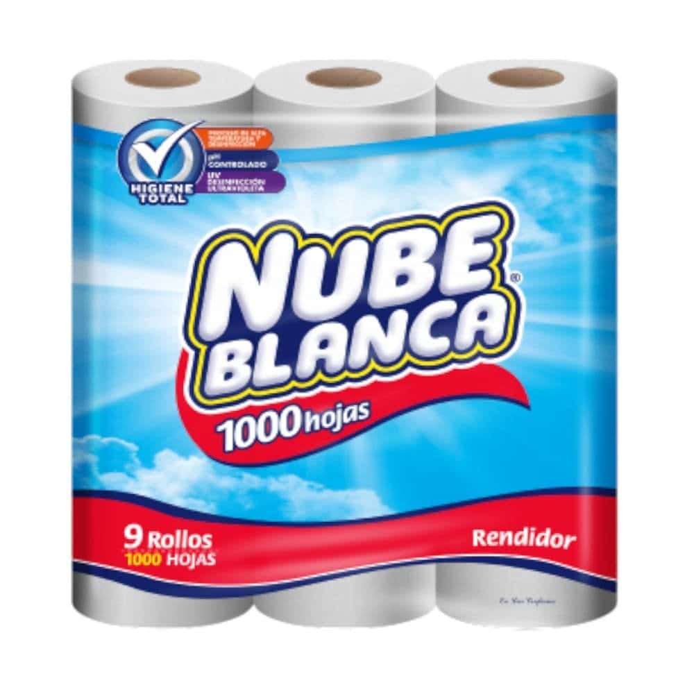 PAQUETE DE PAPEL HIGIENICO 1000 HOJAS NUBE BLANCA 9 ROLLOS