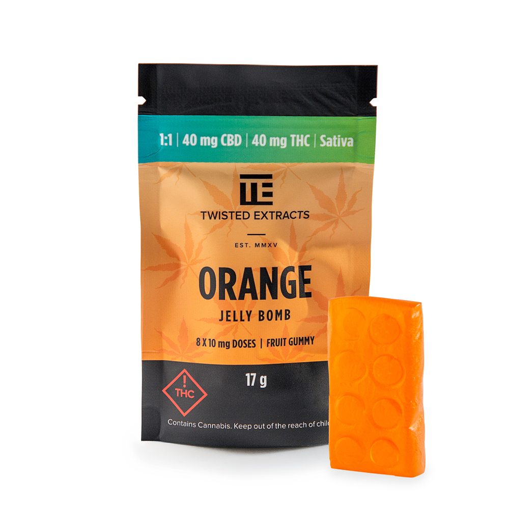 This is an image of Orange Jelly Bomb 1:1 Sativa 40mg THC + 40mg CBD by Twisted Extracts