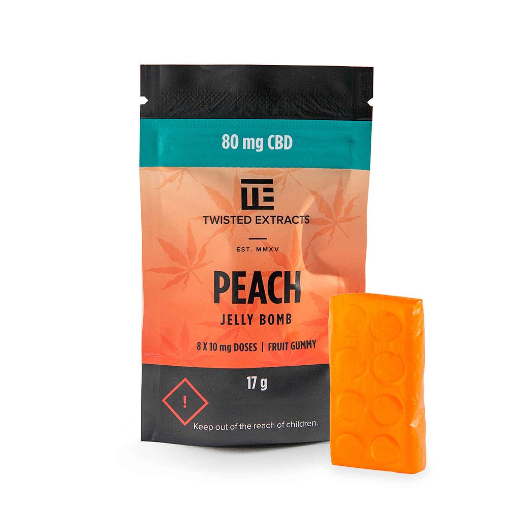 Twisted Extracts Peach CBD Jelly Bomb edible with 80mg CBD isolate, pre-scored into 8 portions