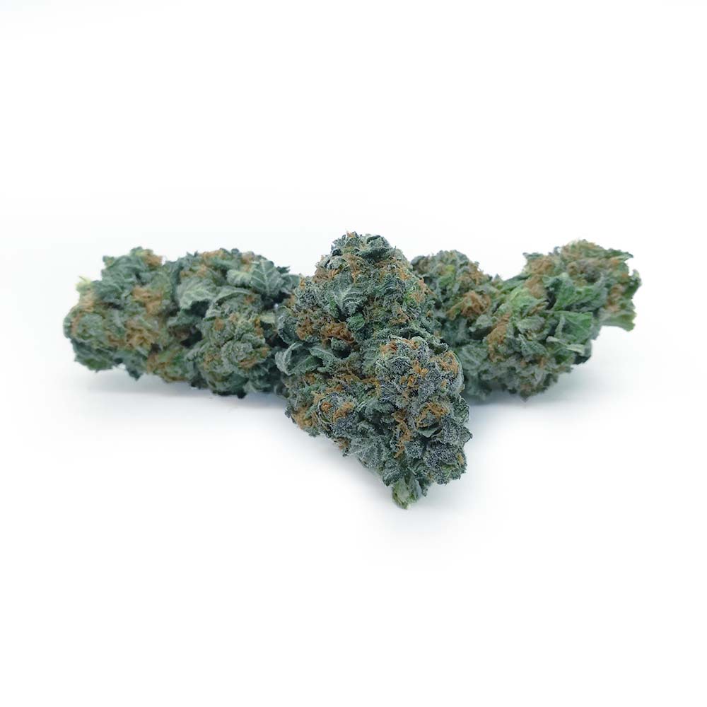 Trainwreck AA bulk flower showing light green cannabis buds with natural trichome detail on a neutral background