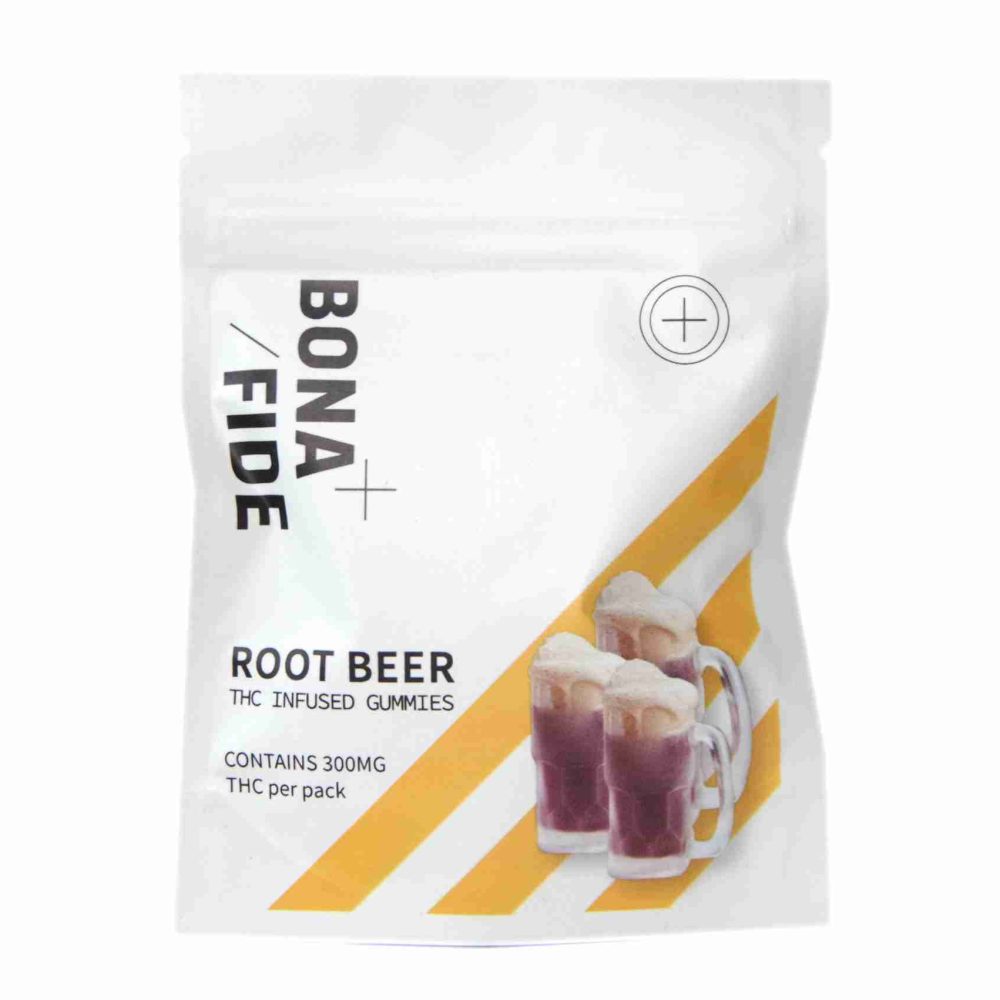 Root beer gummies by Bonafide showing cannabis-infused fruit pieces packaging
