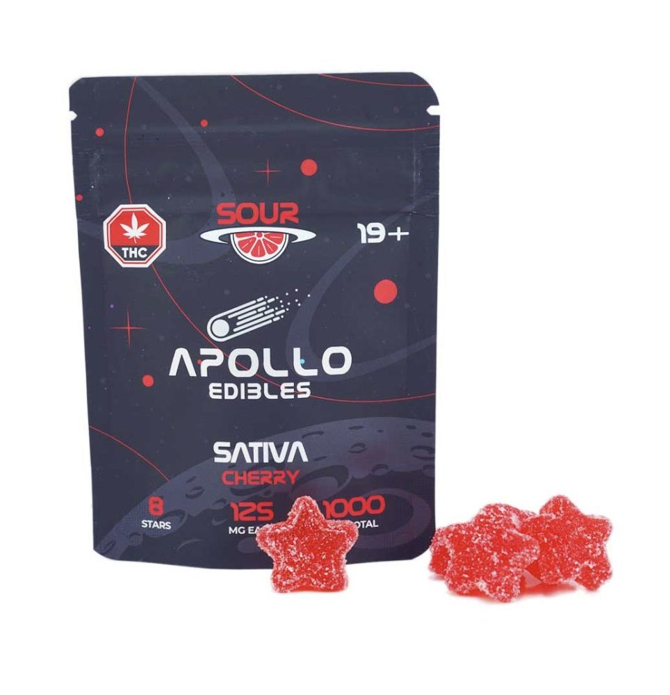 Apollo Edibles Sour Cherry Shooting Stars 1000mg THC Sativa gummy package with eight 125mg sour cherry infused pieces for adults 21+