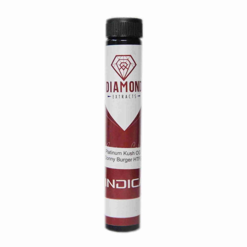 Indica Pre Rolls – Diamond Concentrates Platinum Kush OG x Donny Burger, infused with HTFSE for a smooth and relaxing smoke.