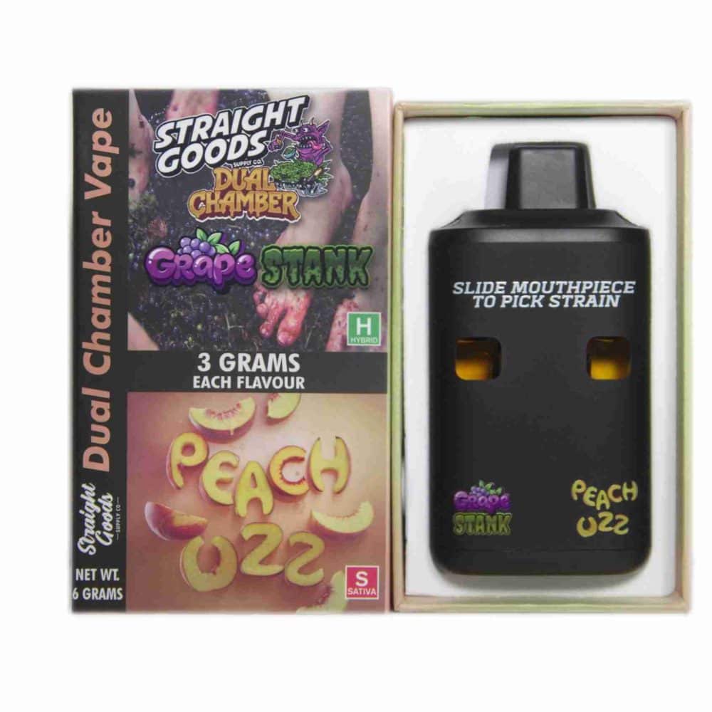 Grape Stank + Peach Ozz Dual Chamber Vape by Straight Goods, offering a smooth, premium vaping experience with no harmful additives.