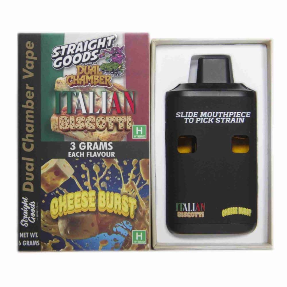 Straight Goods dual chamber vape with Italian Biscotti and Cheese Burst flavours, 3g + 3g disposable device