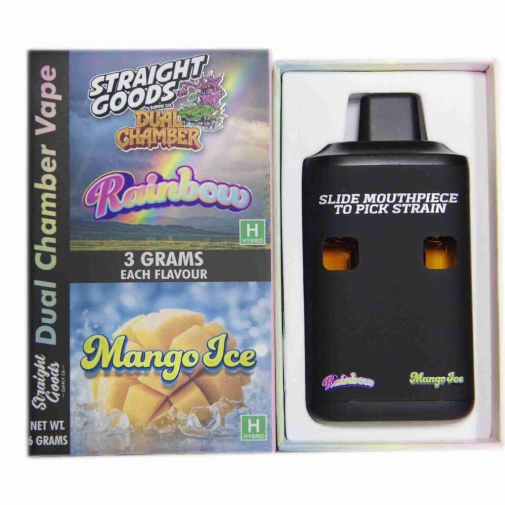 Rainbow Strain + Mango Ice Dual Chamber Vape by Straight Goods, offering a smooth and premium vaping experience (6g).