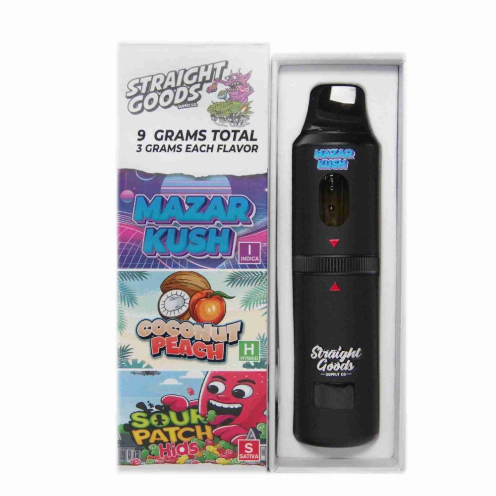 Mazar Kush Triple Chamber Vape from Herb Castle featuring Sour Patch Kids and Coconut Peach for a premium, smooth vaping experience.