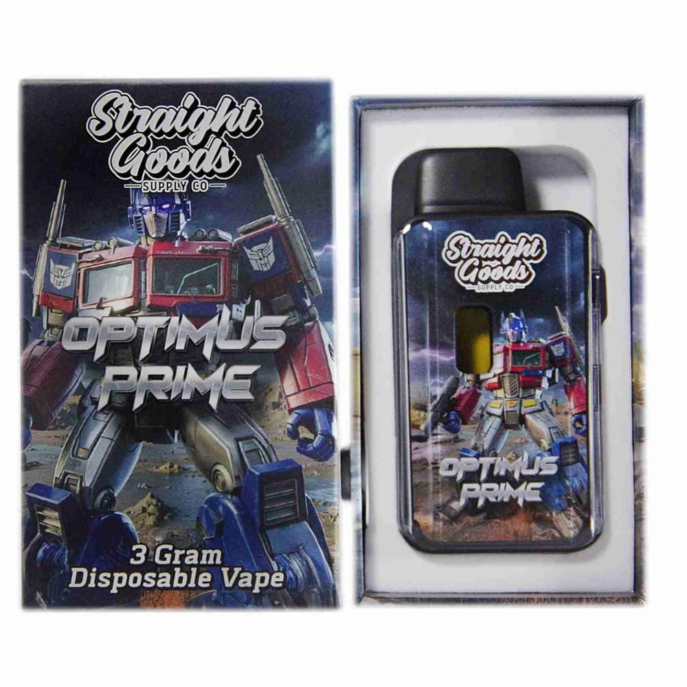 Straight Goods Optimus Prime (Indica) 3g disposable vape made with Delta-9 THC distillate and organic terpenes.