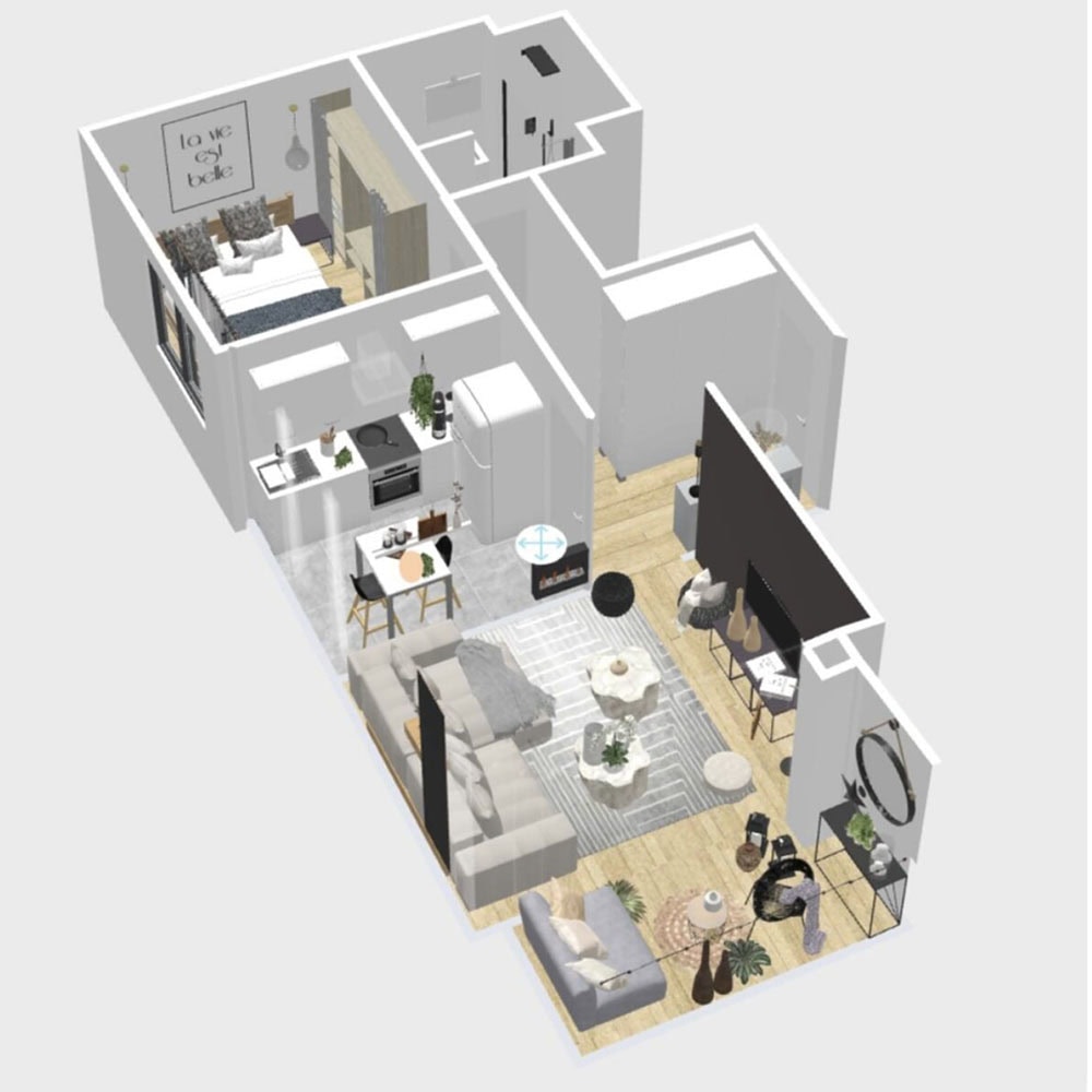 Plan d'architecte en 3D montrant l'agencement complet et les pièces du Cocon Blanc