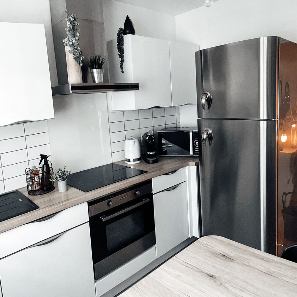 Cuisine équipée moderne et fonctionnelle avec plaque de cuisson et grand réfrigérateur
